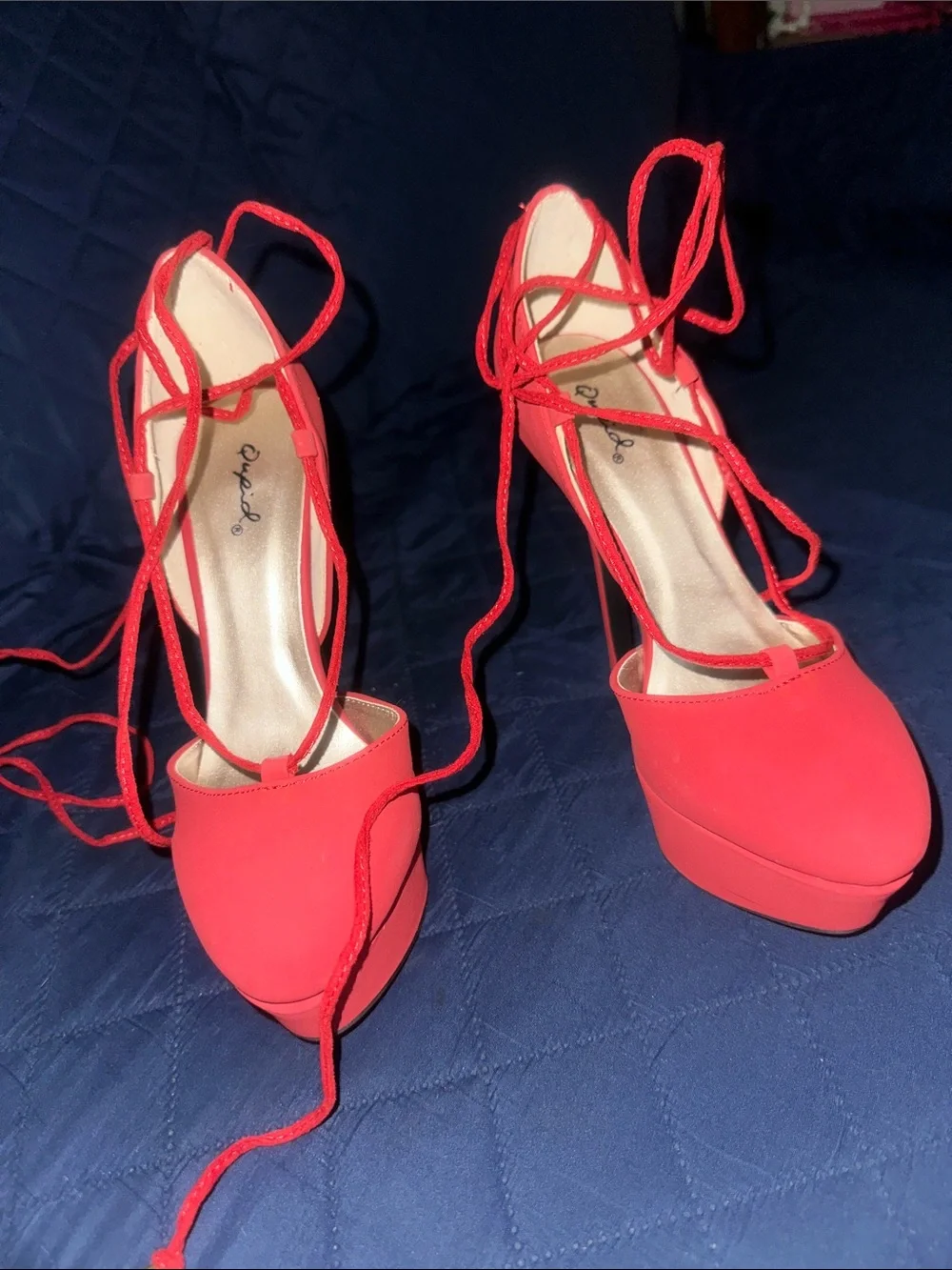 Qupid Red Lace-Up Platform Stiletto Heels
